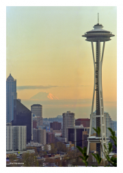 Space Needle at Sunset with Peak of Mount Rainier